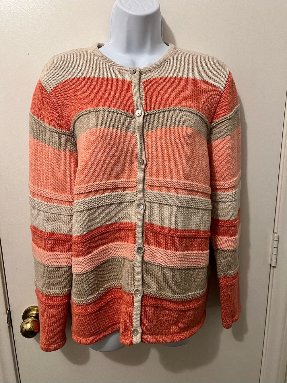 L.L Bean striped Crewneck Button-Front Sweater Cardigan - Peach & Tan